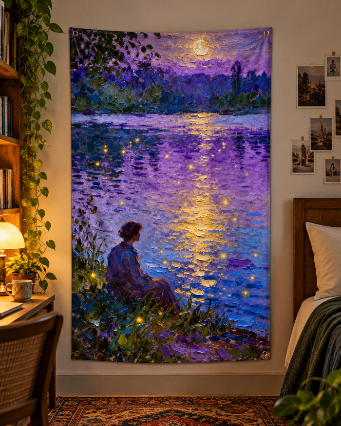 Moonlit Lakeside Wall Tapestry